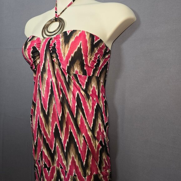 Y2K Mini Halter Dress Size L McBling Boho Groovy Ikat Print Purple Brown 2000s - Picture 5 of 10